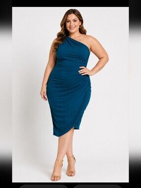 Emerald Sundae Teal One Shoulder Ruched Bodycon Dress Sz 18 Asymmetrical Cocktai